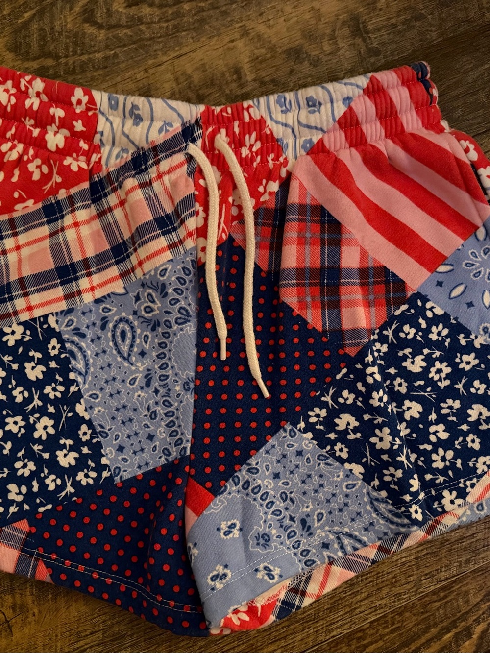 Red, Blue & White Patchwork Print Shorts